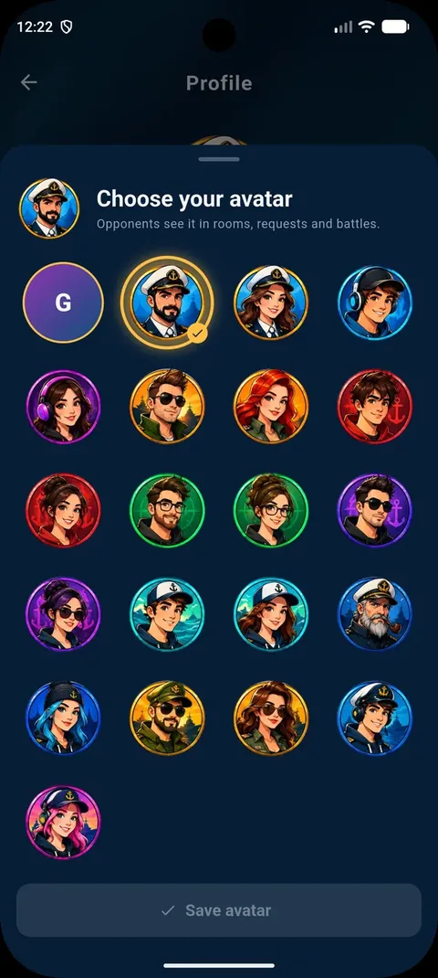 Choosing a captain avatar from 20 illustrated portraits